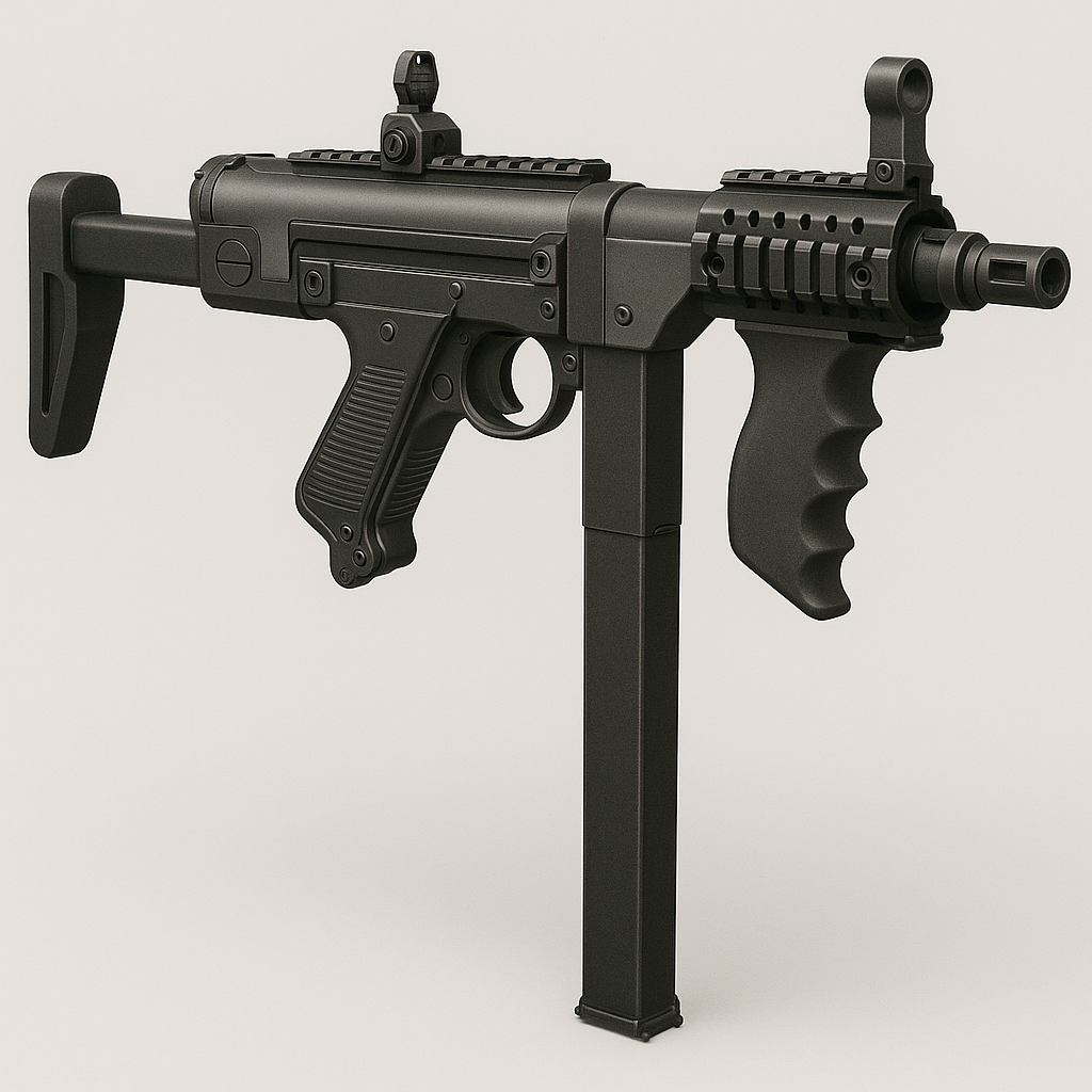 Disassembled black submachine gun with a curved magazine, suppressor, and various components laid out on a light-colored surface. The environment is neutral and utilitarian, focused on displaying the firearm and its parts. No visible text in the image. The tone is technical and informational.
